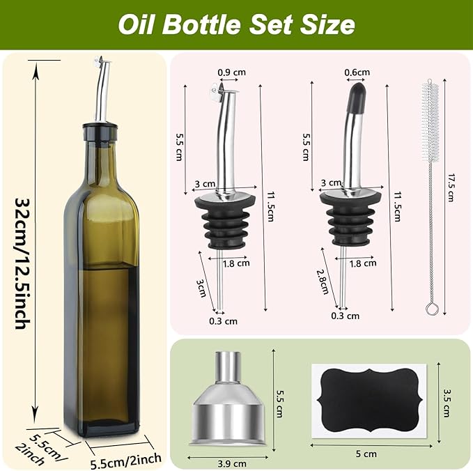 2-Pack Olive Oil Dispenser Bottle Set - 17oz/500ml Dark Green Glass Oil and - Image 2