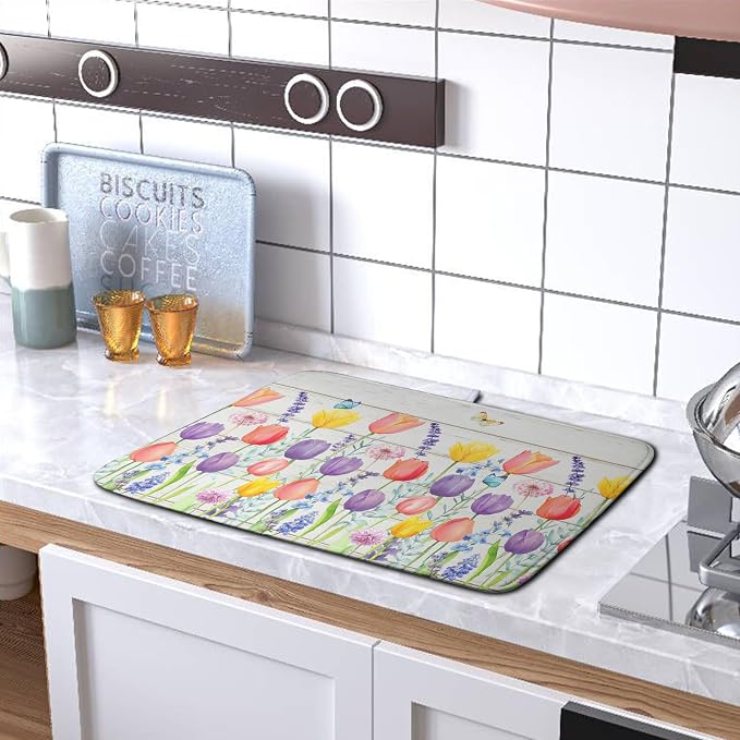 Tulip Floral Dish Drying Mat for Kitchen Counter Watercolor Spring Flower Dish - Image 5