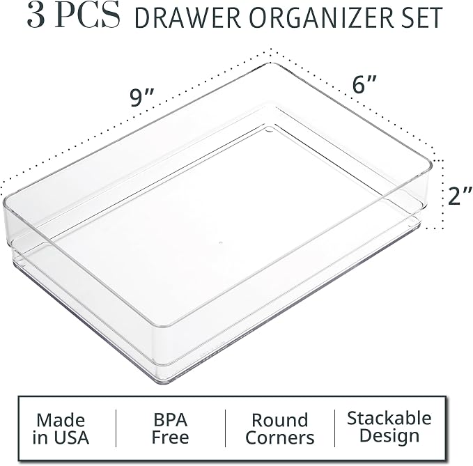STORi SimpleSort 3-Piece Stackable Clear Drawer Organizer Set | 9" x 6" x 2" - Image 2