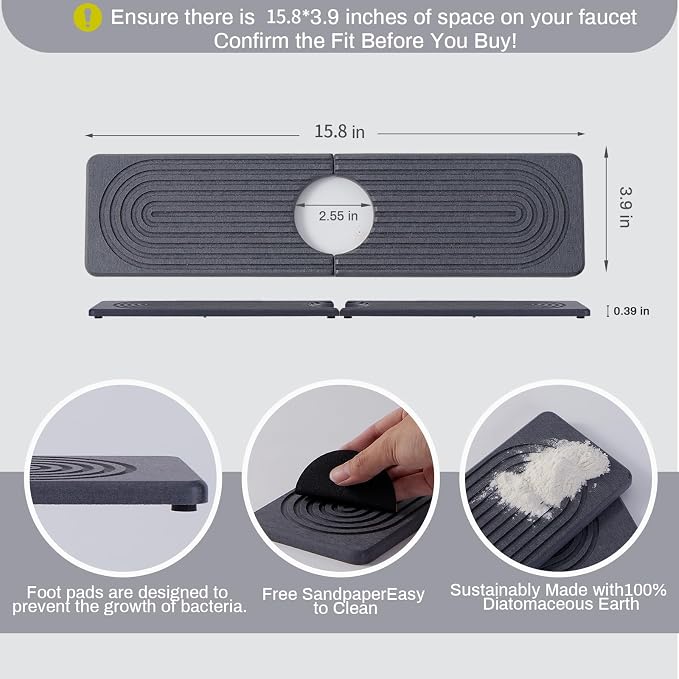 Stone Faucet Mat for Kitchen Sink, Faucet Mat Fast Drying Diatomite, Sink - Image 2