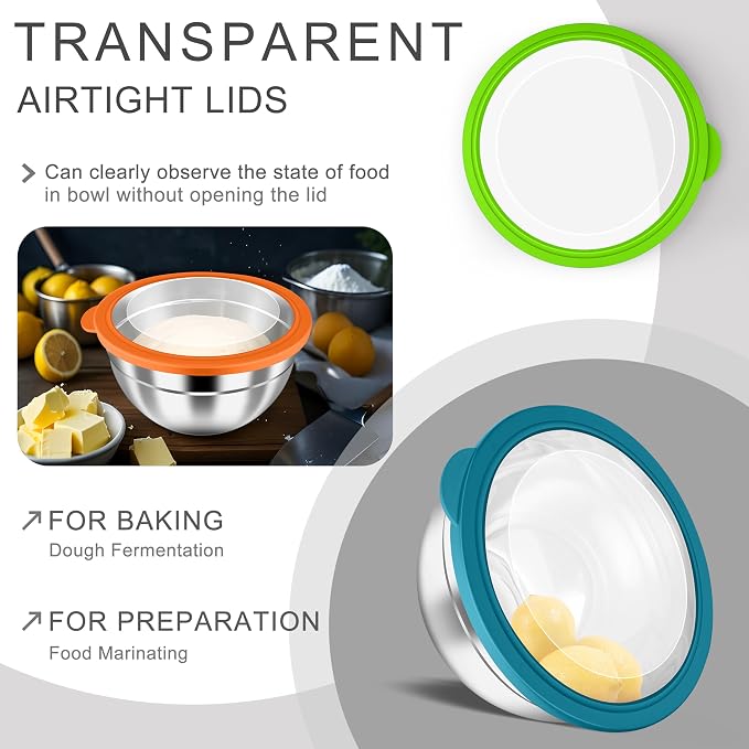 HaWare Mixing Bowls with Airtight Clear Lids, 6-Piece Stainless Steel Strong - Image 3