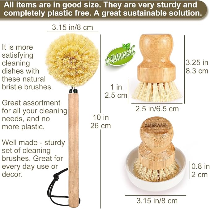 Wooden Dish Brush Set Clean Pots, Pans and Vegetable, Natural Bristles Bamboo - Image 2
