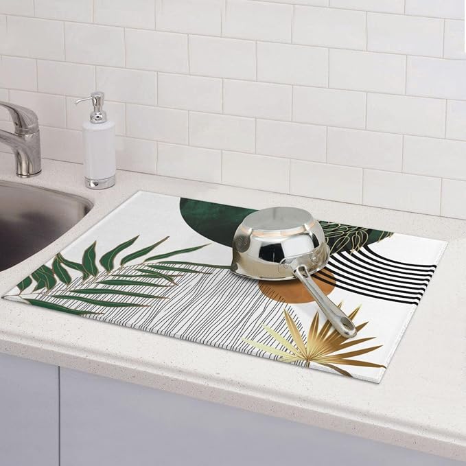 Mid Century Dish Drying Mat 18x24 Inch Boho Green Gold Tropical Leaf Sunset - Image 3