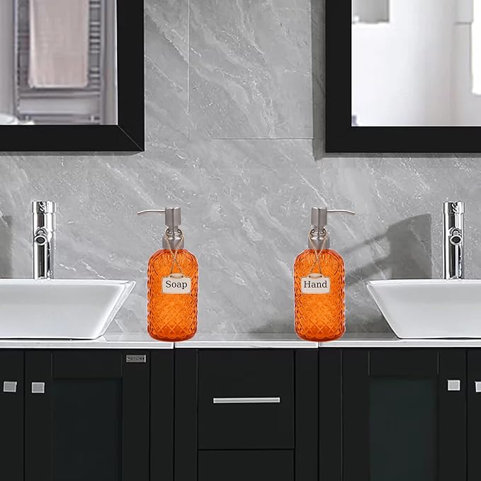 16 oz Diamond Pattern Glass Soap Dispenser, Kitchen and Bathroom Refillable - Image 2