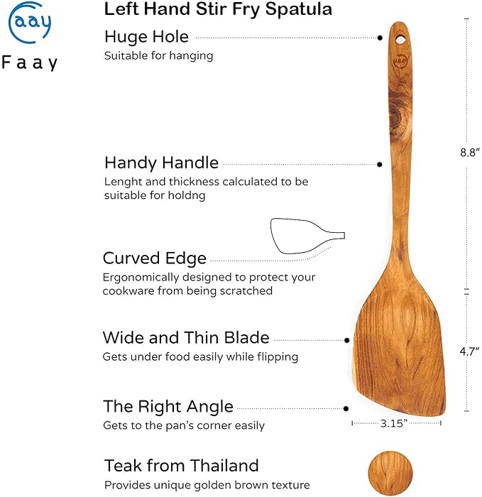 FAAY 13.5” Left-Hand Stir Fry Spatula – True Left-Hand Angled Teak Wooden Turner - Image 2