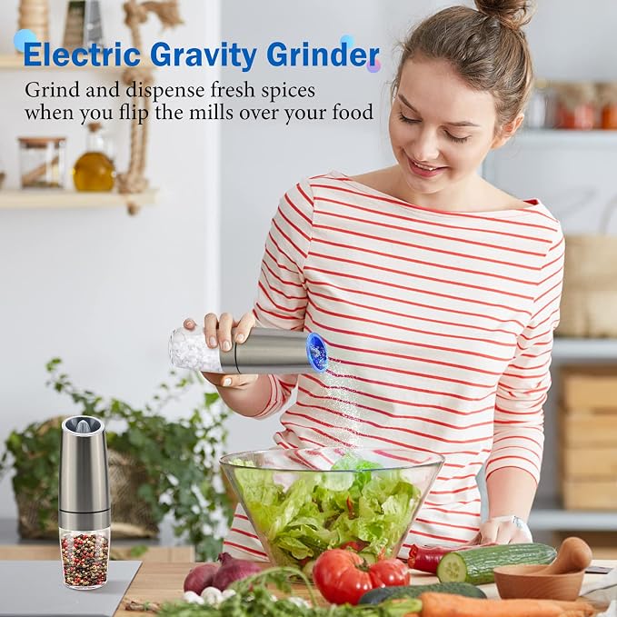 Gravity Electric Salt and Pepper Grinder Set, Battery Powered LED Light One - Image 4