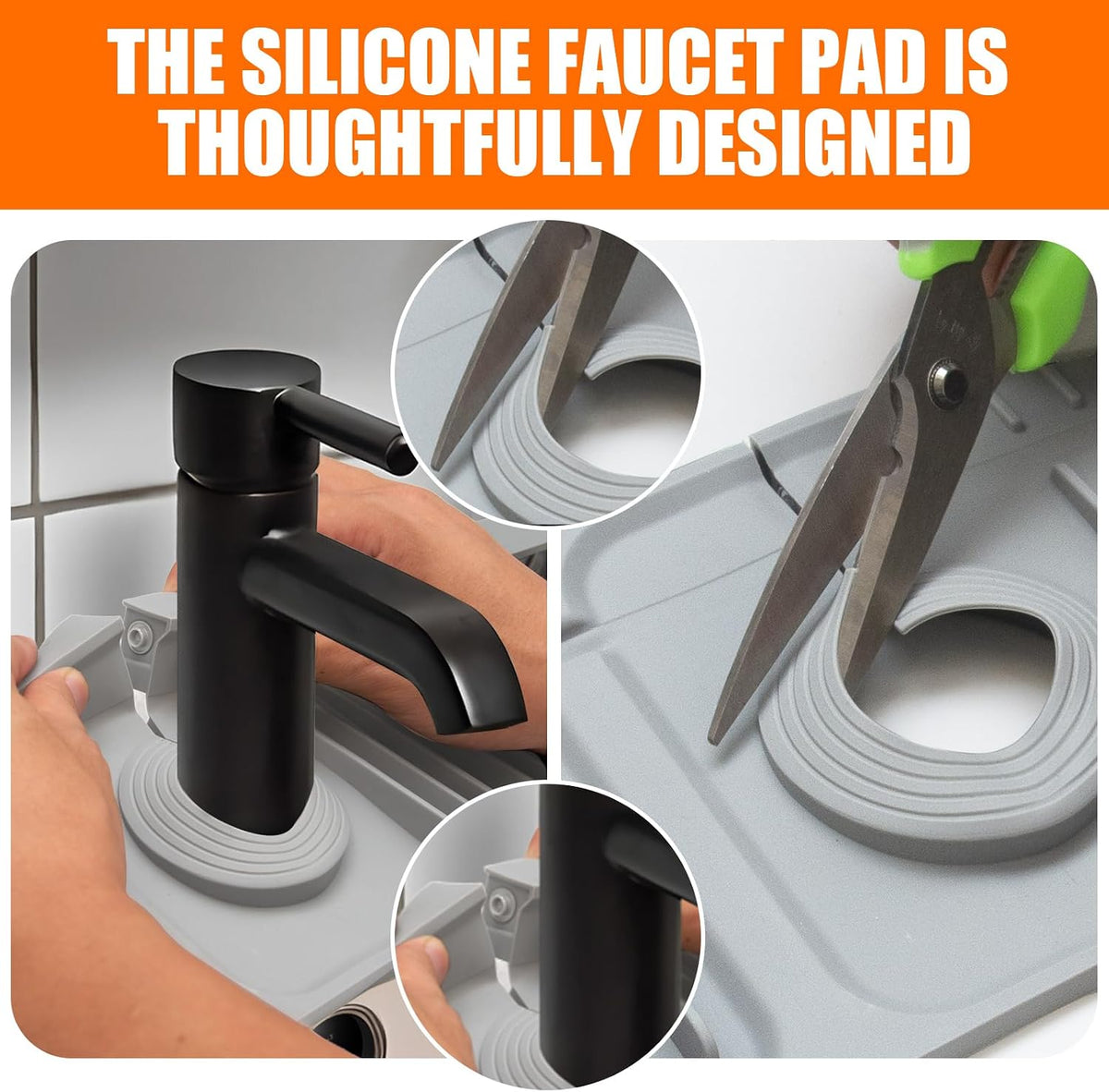24" Silicone Faucet Mat for Kitchen Sink,7° Draining Mat with Snap