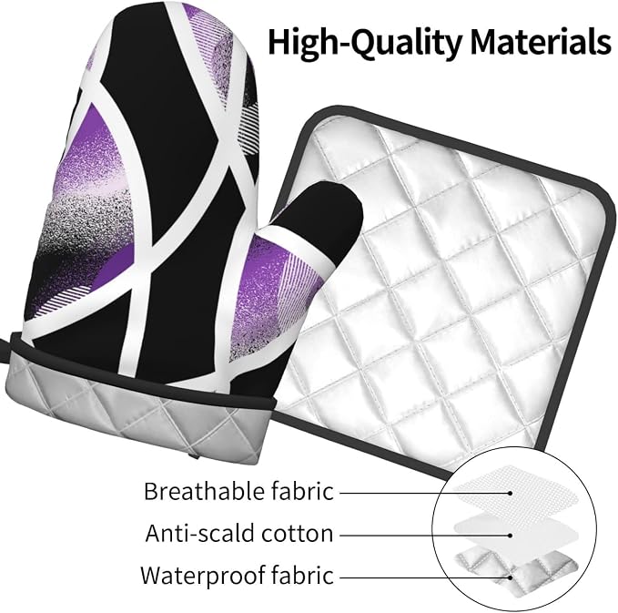 3-Piece Purple Black Abstract Geometric Oven Mitts and Pot Holders Set - Image 9