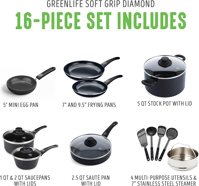 GreenLife 16 Piece Nonstick Cookware Set, Soft Grip Non-Toxic PFAS-Free Ceramic - Image 3