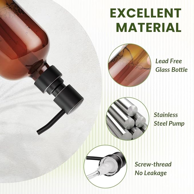 AmazerBath Amber Glass Soap Dispensers, 2 Glass Amber Pump Bottles, 17 Oz Dish - Image 3