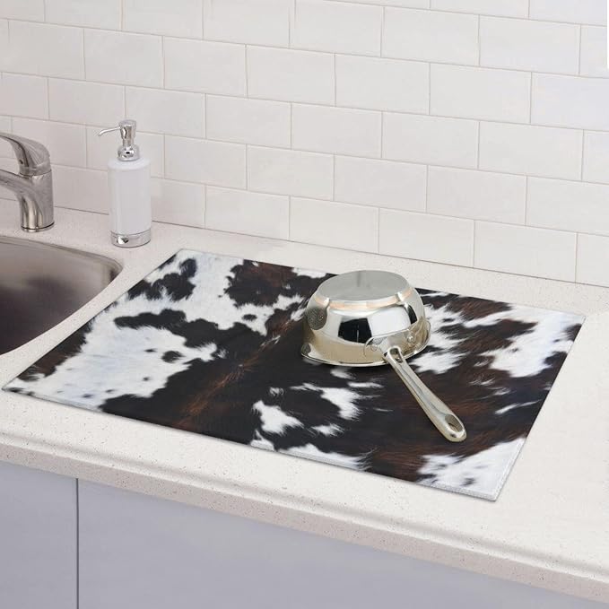 Cow Print Dish Drying Mat Animal fur Black Brown White Classic Drying Rack Pad - Image 6