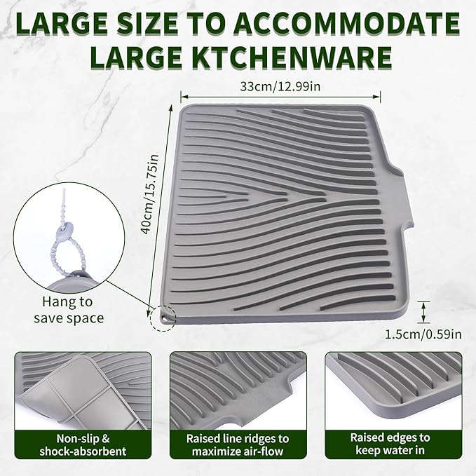 Silicone Dish Drying Mat 16x13, Food-Grade Silicone, Easy Clean Pad - Image 3