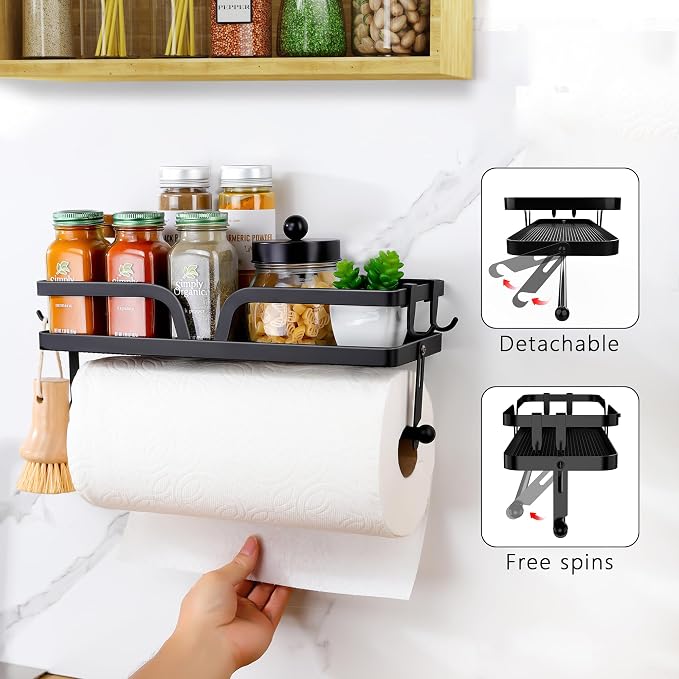 Taozun Paper Towel Holder with Shelf, Kitchen Paper Holder Spice Rack Black - Image 3