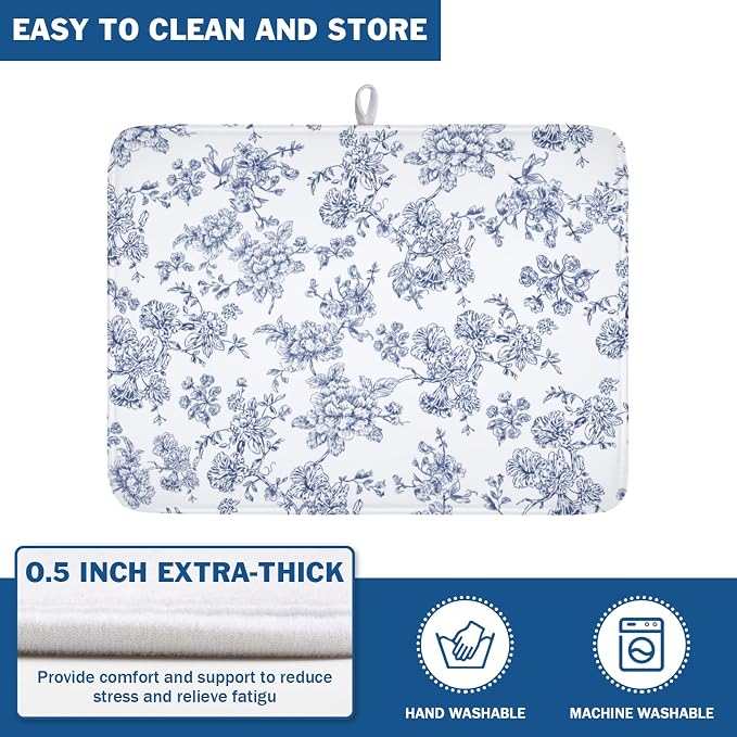 Blue Floral Dish Drying Mat for Kitchen Counter Chinoiserie Flower Microfiber - Image 5