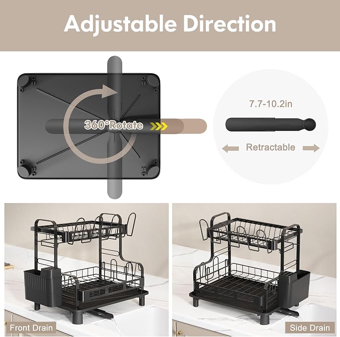 BOOSINY Dish Drying Rack, 2 Tier Large Stainless Steel Black Dish Rack - Image 3