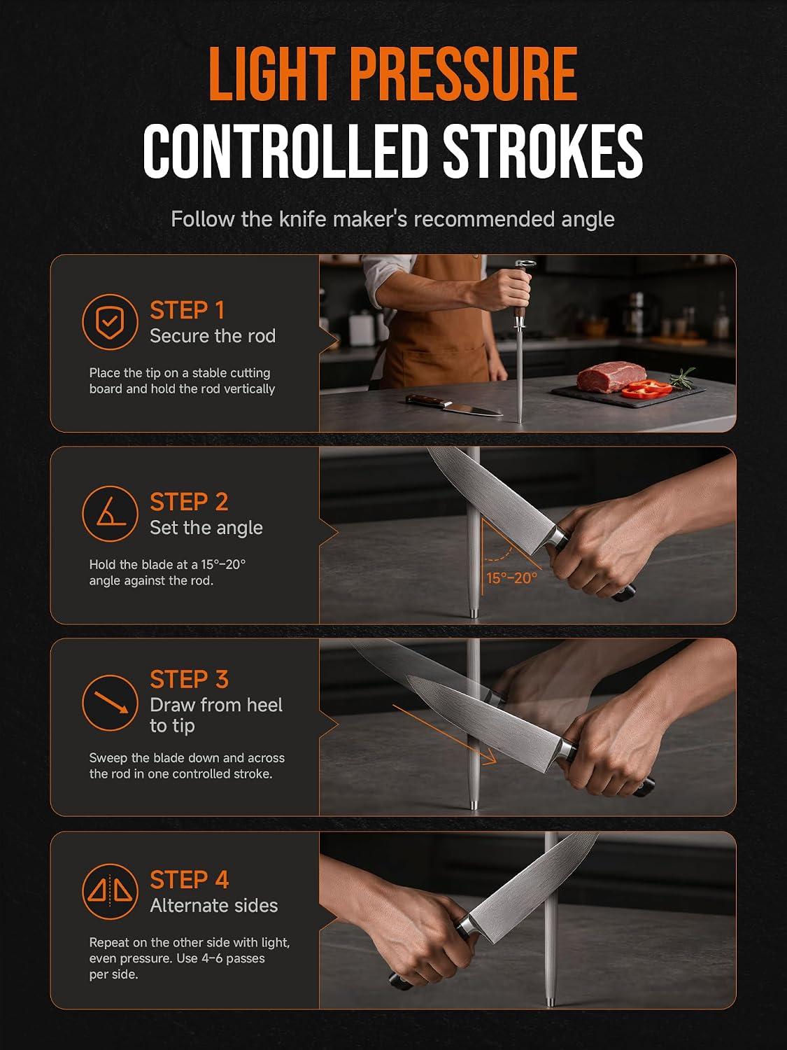 10 Inch Honing Steel for Knives, High Carbon Steel Knife Sharpener Rod