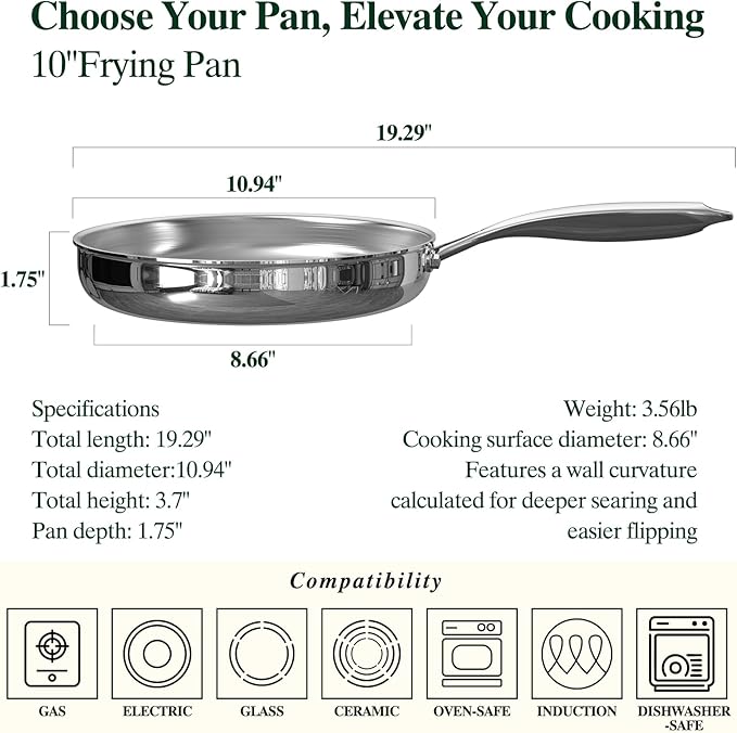 Umite Chef 10 Inch Stainless Steel Frying Pan, Non-Toxic 5 Ply Stainless Clad - Image 3