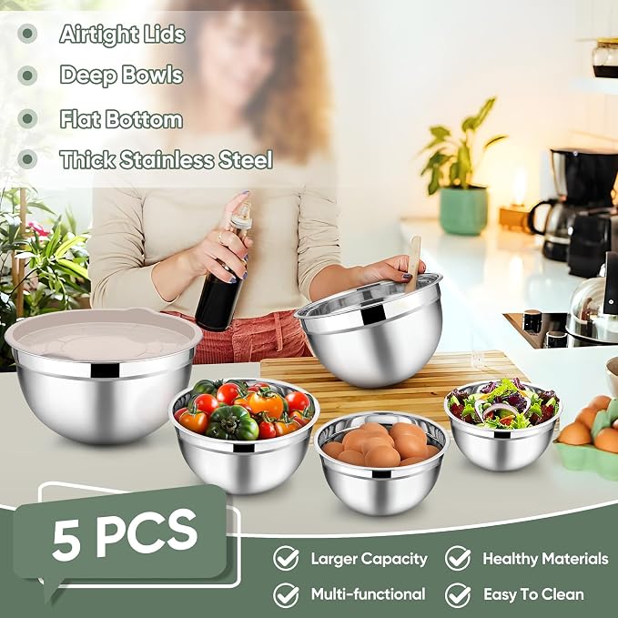 TeamFar Mixing Bowls with Lids, 5-Piece Stainless Steel Metal Nesting Salad Bowl - Image 3