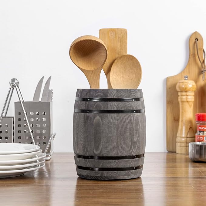MyGift Wine Barrel Design Kitchen Utensil Crock, Vintage Gray Solid Wood - Image 2