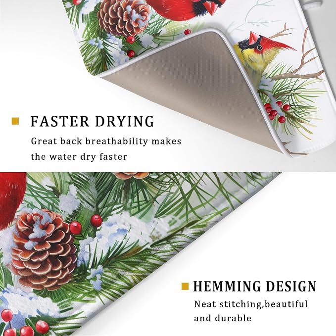 Giwawa Red Birds Dish Drying Mat, Xmas Tree Branch Holly Red Berries Dish - Image 3