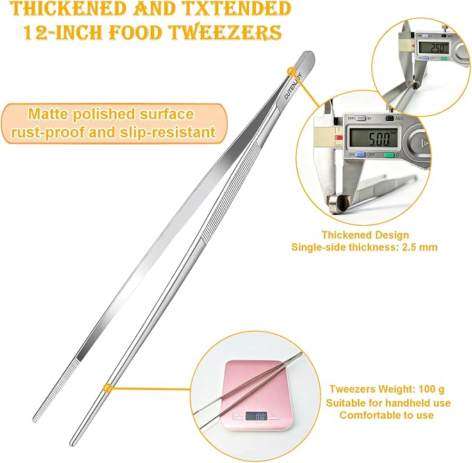 12-Inch Kitchen Tweezers, 18/8 Stainless Steel Metal Fine Tweezers Tongs - Image 3