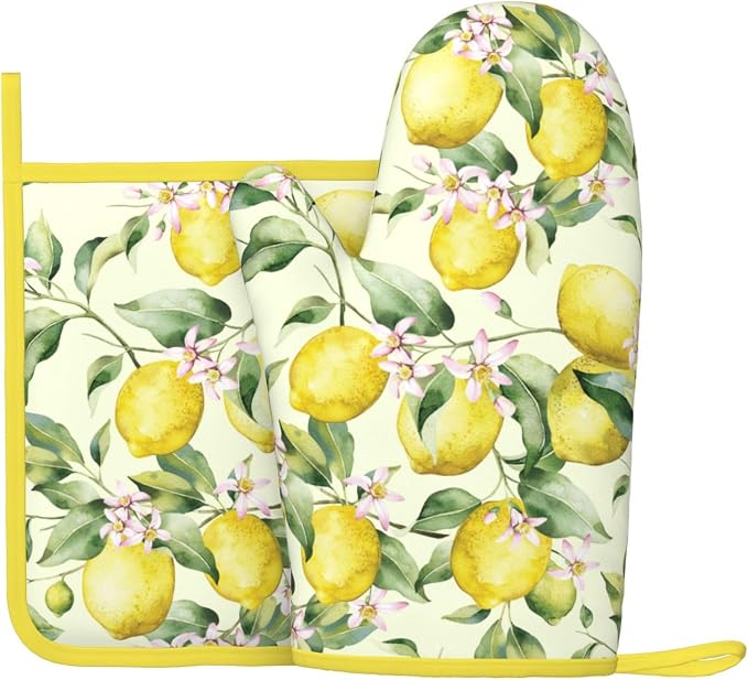 Lemon Silicone Oven Mitts Pan Mats Set of 2, Heat Resistant Gloves Potholder by Cayiibe