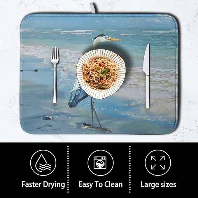 Summer Blue Dish Drying Mat for Kitchen Counter 18x24 Inch Heron Coastal Beach - Image 4