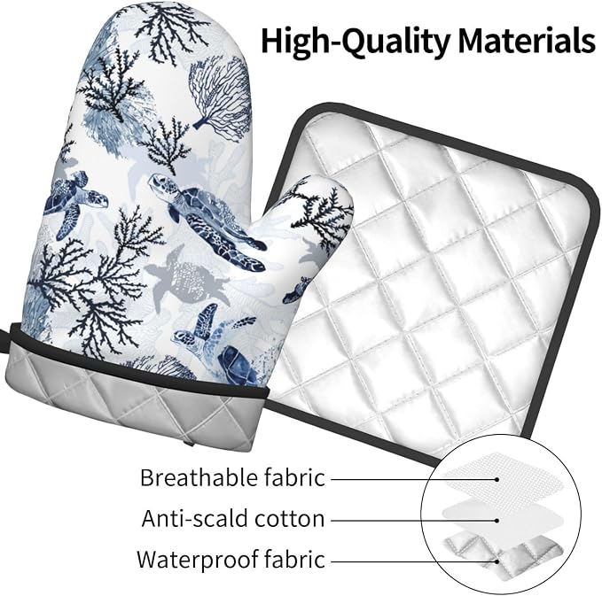 Navy Blue Ocean Sea Turtle Oven Mitts and Pot Holders Sets of 3, Heat Resistant - Image 9