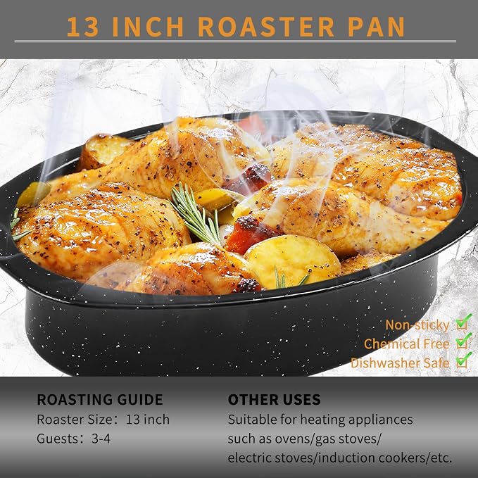 JY COOKMENT Granite Roaster Pan, Small 13” Enameled Roasting Pan - Image 4