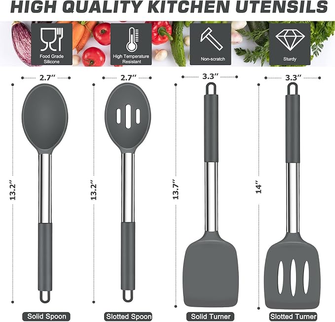 TeamFar Kitchen Utensils, for Non-stick Cookware Flipping, Draining – Gray - Image 2