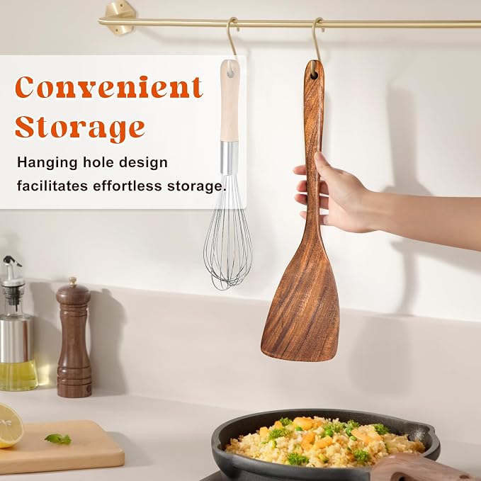 Wooden Spatula for Cooking, Acacia Wood Flat Frying Spatulas, Long Handle - Image 5