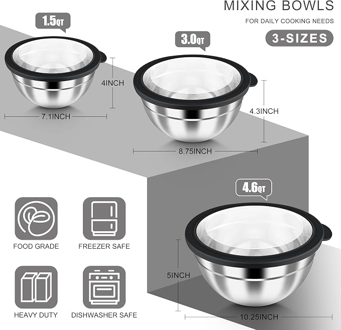 HaWare Mixing Bowls with Airtight Clear Lids, 6-Piece Stainless Steel Strong - Image 2