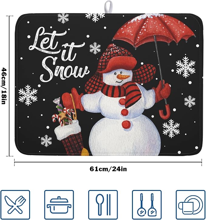 Black Snowman Dish Drying Mats for Kitchen Counter, Winter Snowflake Dish Mat - Image 2