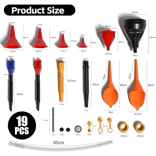 KJE 19 Pcs Automotive Funnel Set, Spout Replacements, Plastic Wide Mouth - Image 2