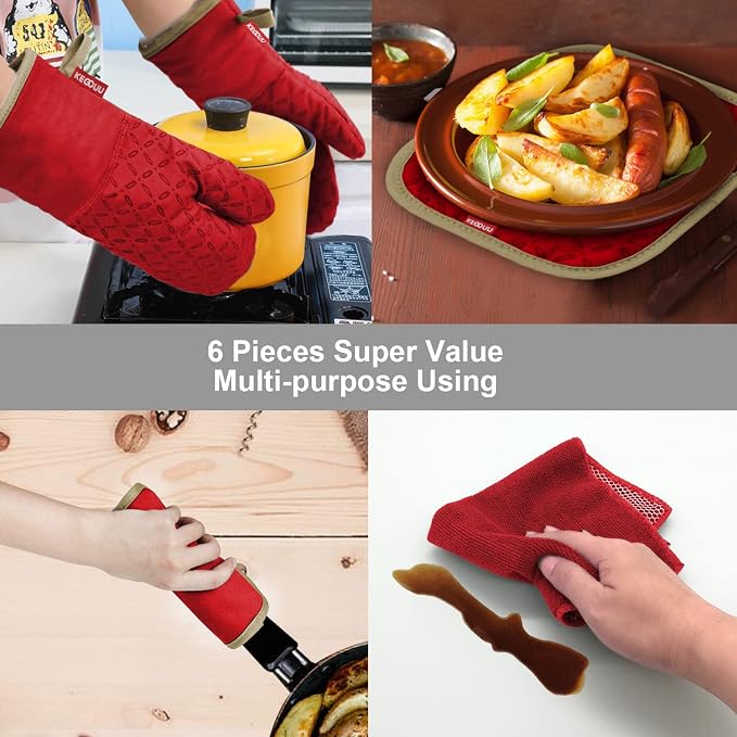 KEGOUU Oven Mitts and Pot Holders 6pcs Set, Kitchen Oven Glove High Heat - Image 7