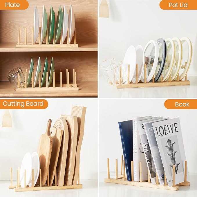 Bamboo Dish Drying Rack-2 PCS Pot Lid Plate Rack Organizer Holder - Image 6