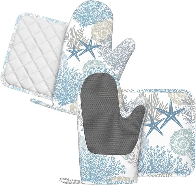 Nautical Coastal Oven Mitts and Pot Holders Sets Silicone Starfish Seashell - Image 2