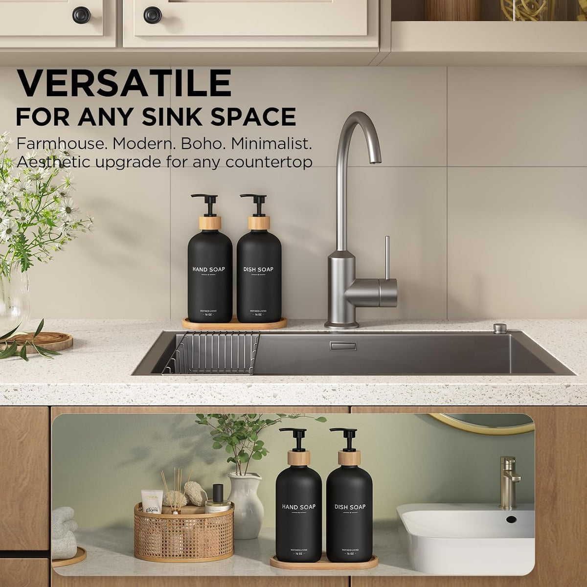 Hand and Dish Soap Dispenser Set,16oz Glass Bottles with Bamboo Pumps
