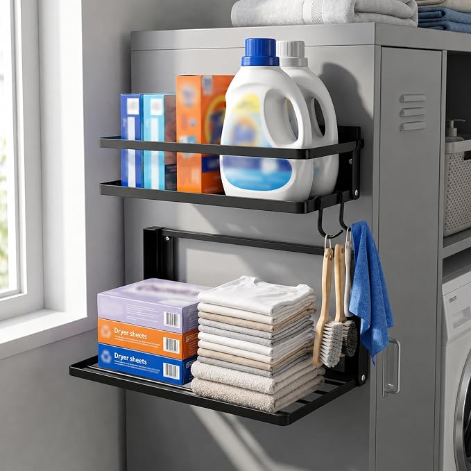 Magnetic Shelf for Washer Dryer, Foldable 2 Tier Metal Organizer Rack by Pipigaty