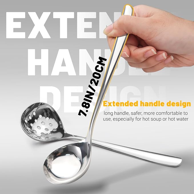 2Pcs Small Ladle and Slotted Spoon, Heavy Duty 304 Stainless Steel Gravy Ladle - Image 4