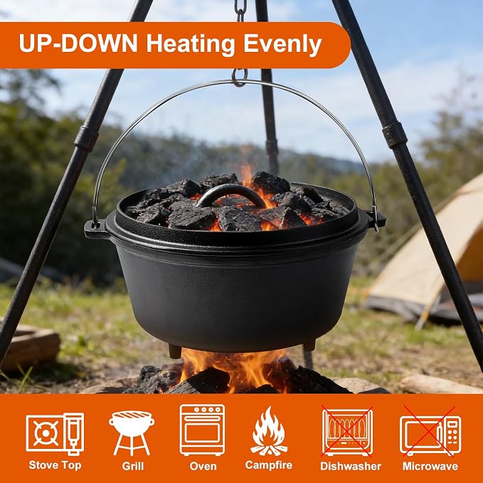 8QT Pre-Seasoned Cast Iron Camp Dutch Oven - Image 5