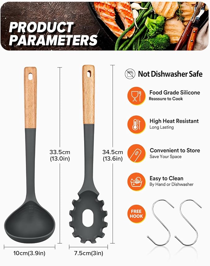 Pasta Fork and Ladle Set, and Sauce Pasta, BPA-Free Matte Silicone, Wood Handle - Image 2