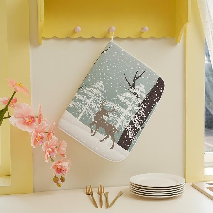 Winter Dish Drying Mat 18 x 24 inch Winter Landscape Snow Tree Deer Decorative - Image 5