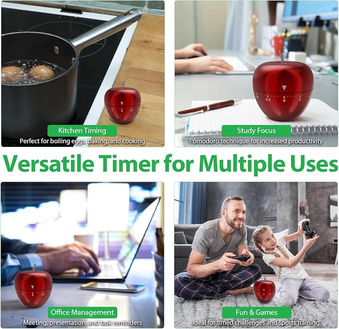 Stainless Steel Apple Kitchen Timer, Mechanical 60-Minute Manual Countdown - Image 5