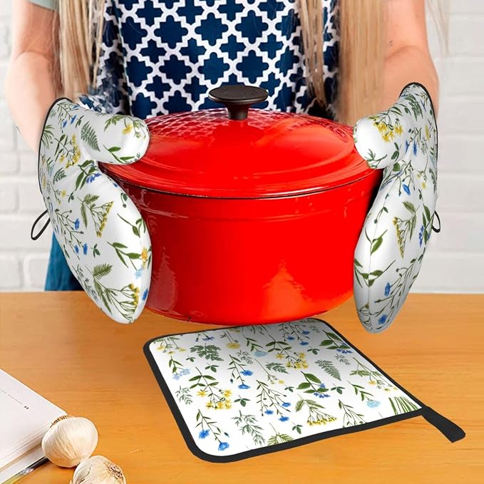 Blue Yellow Green Floral Oven Mitts & Pot Holders Sets of 3, Heat Resistant Sky - Image 2