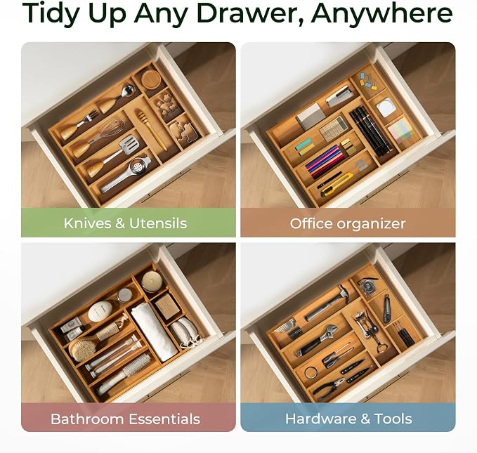 Carbonized Bamboo Kitchen Drawer Organizer, 8 Slots Silverware Organizer - Image 8