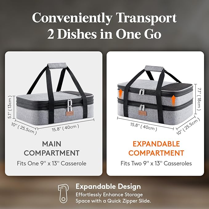Lifewit Insulated Double Decker Casserole Carrier, Expandable Lasagna Lugger - Image 2