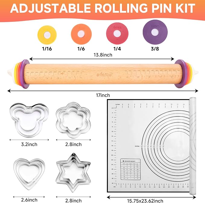 Wooden Rolling Pin with Thickness Rings and Pastry Baking Mat, Pie Crusts - Image 6