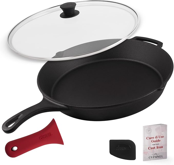 Cuisinel 15" Cast Iron Skillet + Glass Lid Cover + Pan Scraper + Heat-Resistant - Image 8