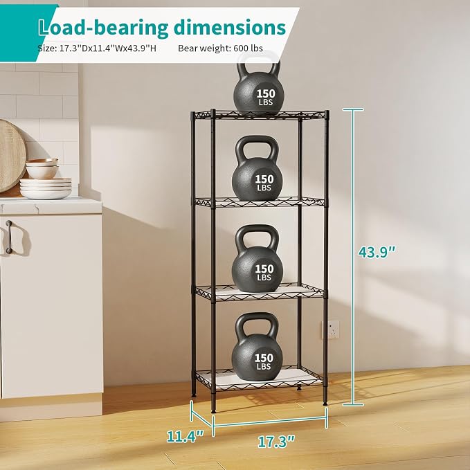 BestOffice | 4-Tier Wire Storage Shelves | 12"D x 18"W x 44"H | Black | - Image 3